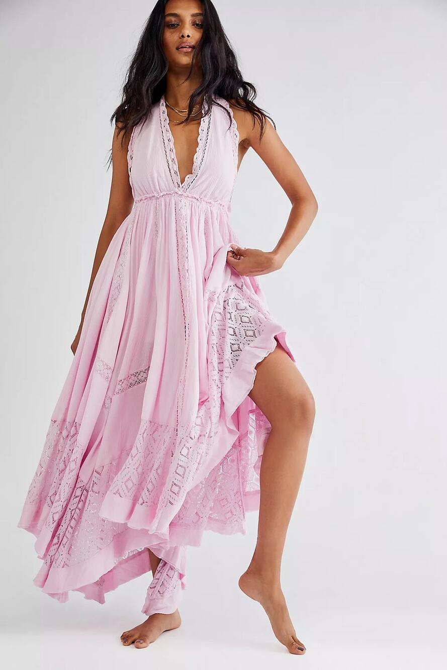 Free People Halter Billowy Gauze Norina Maxi Dress Size M in Pink